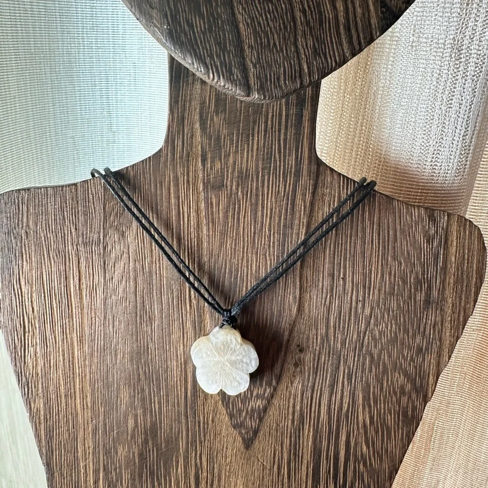 Small Moonstone Flower Pendant Necklace on Black Rope, Subtle Blue Flash - Picture 9 of 15